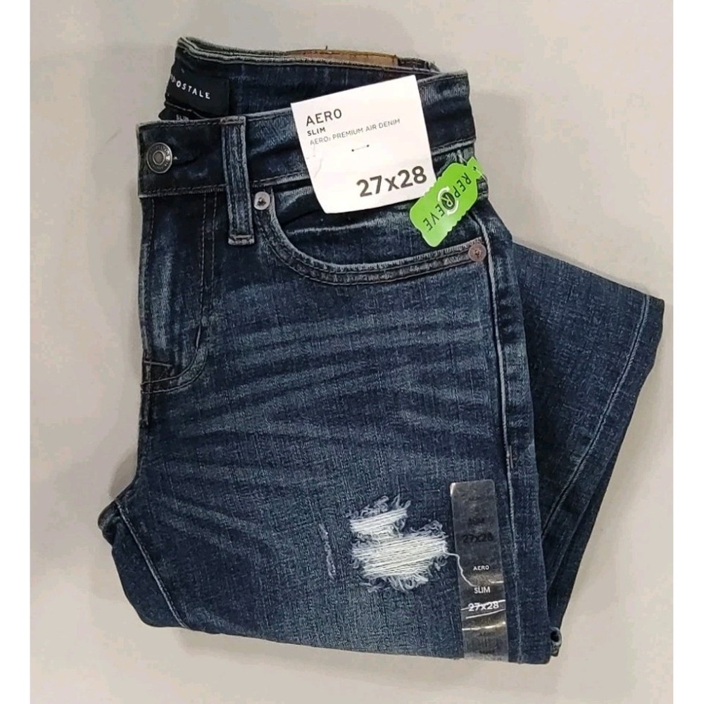 Aeropostale Aero Repreve Slim Skinny Jeans 27x28 Dark Wash Distressed Torn